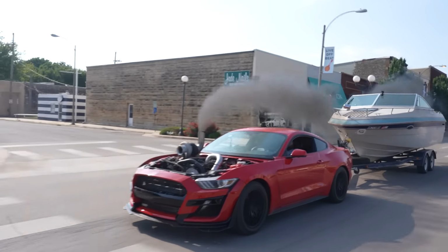 Diesel Ford Mustang Does a Burnout While Towing a Boat