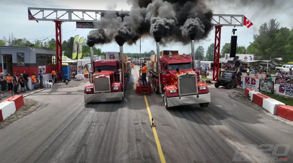 3,000 HP Semi Trucks Drag Racing with 120,000 Lbs Trailers Go From
